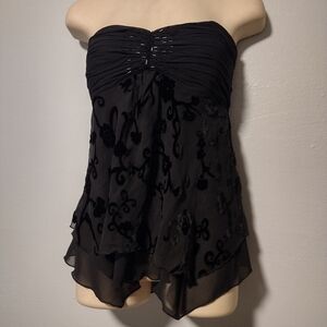 Y2K Express Babydoll Silk Strapless Top Beading Black Velvet Fairy Goth